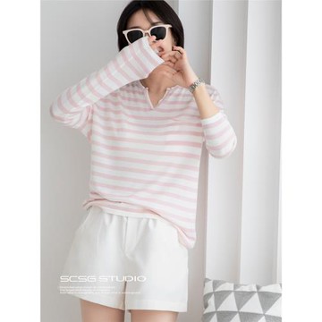 三吋時光4328萊賽爾防曬衫 V領簡約優雅長袖條紋衫女春秋針織上衣