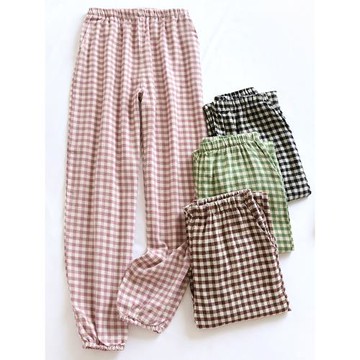 日系無印風格子磨毛睡褲女長褲春秋冬季純棉收口可外穿家居褲全棉