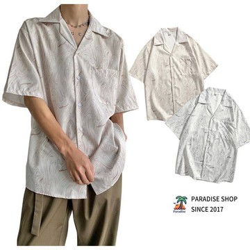 PARADISE 古著感 波浪紋 短袖 襯衫 渣染 韓版 古巴領