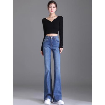 (免運)藍色高腰微喇叭牛仔褲女2025年秋季新款彈力顯瘦小個子九分馬蹄褲