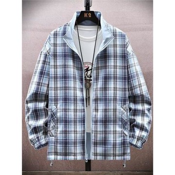 雙面穿格子外套男士春秋季百搭防風防水立領夾克寬松帥氣工裝上衣