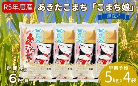 定期便  令和5年産 『こまち娘』あきたこまち 無洗米 20kg  5kg×4袋6ヶ月連続発送（合計120kg）吉運商店 秋田県 男鹿市