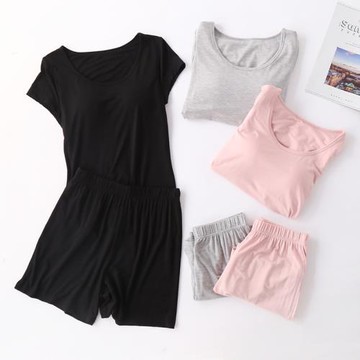 莫代爾女帶胸墊短袖睡衣套裝 bra-t一體免文胸半袖寬松短褲家居服