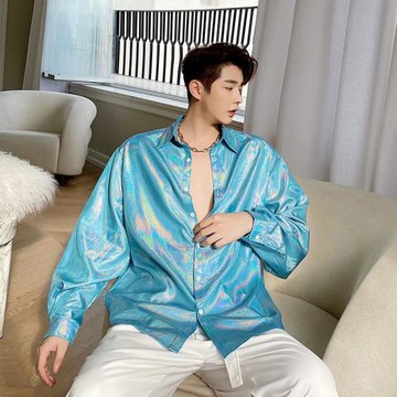 鐳射炫彩襯衫男長袖嘻哈潮牌夜店酒吧歌手舞蹈演出服網紅抖音同款