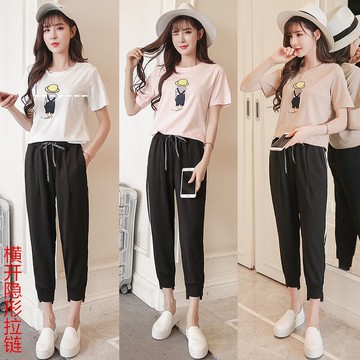 哺乳夏裝上衣外穿時尚哺乳衣套裝韓版短袖刺繡T恤九分褲兩件套夏1入