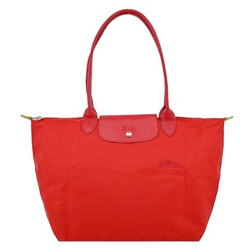 [平輸版]LONGCHAMP LE PLIAGE GREEN系列刺繡長把再生尼龍摺疊水餃包(大/番茄紅)真品平輸