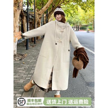 白色雙面羊毛大衣女冬季2025新款韓系寬松牛角扣連帽長款毛呢外套