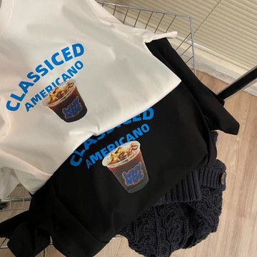 ins小眾復古冰美式咖啡印花圓領短袖T恤男女新款情侶寬松體恤夏季