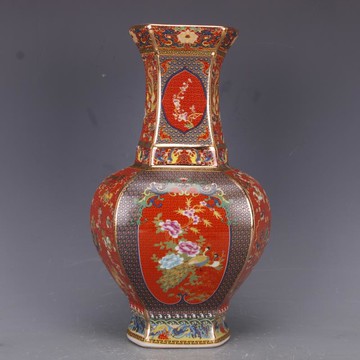 清乾隆描金琺瑯彩花鳥六方大肚瓶仿古工藝瓷器家居中式古玩擺件1入