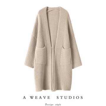 重磅推薦~重工立體編制純色山羊絨針織開衫女長款寬松毛衣外套