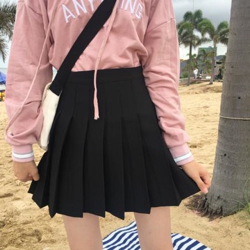jk黑色春秋松緊高腰大碼百褶裙