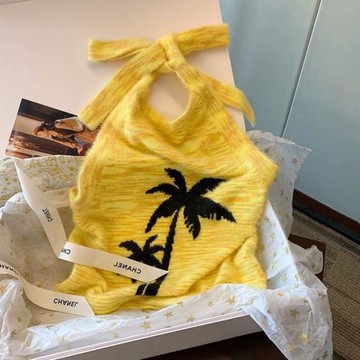 廣州十三行爆款清倉撿漏~小香風黃色椰樹圖案掛脖吊帶小上衣女潮