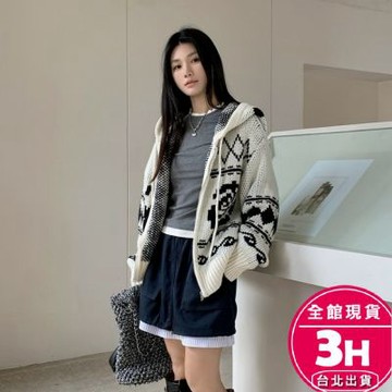 【梨卡】隔日到貨 女裝 外套 針織 毛衣 復古外套 拉鍊外套 提花撞色 連帽毛衣 寬鬆針織 ES139【現貨24H】