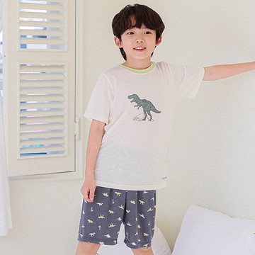 韓國 Ppippilong - 清涼嫘縈透氣短袖家居服/睡衣-野生恐龍-米X深灰