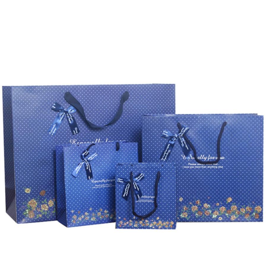 ラッピングギフトバッグ 手提げ袋 紙袋 青 藍色 花柄 フラワー 5枚 花束とリボン  45×35×15cm
