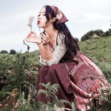 法式田園村莊復古風碎花格子裙棉麻一體式口袋中袖長款休閑連衣裙