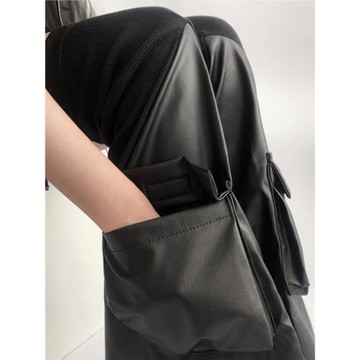 夜間教習室腿套y2k黑色機能風襪套皮質拼接過膝襪子女皮褲長筒襪