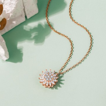 玫瑰金純銀項鍊鋯石吊墜-旋轉向日葵滿鑽太陽花女飾品74cj48【獨家進口】【米蘭精品】