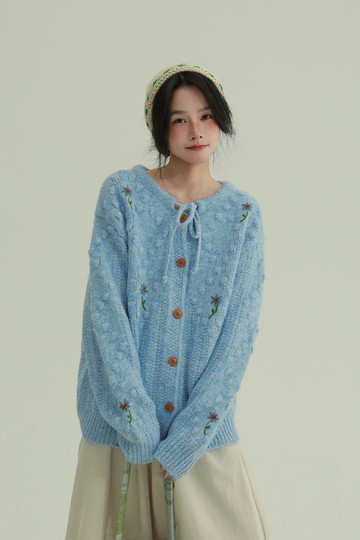 3顔色 圓領繫帶花朵刺繡毛衣 甜美減齡文藝舒適簡約百搭開衫