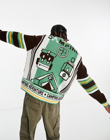 ASOS DESIGN knitted jumper with camping scene pattern in green and yellow-Multi