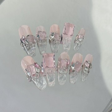 手工穿戴甲 指甲貼片 美甲貼片 指甲貼 穿戴美甲 新款冰透粉鉆少女仙女氣質風手工穿戴美甲指甲可拆卸
