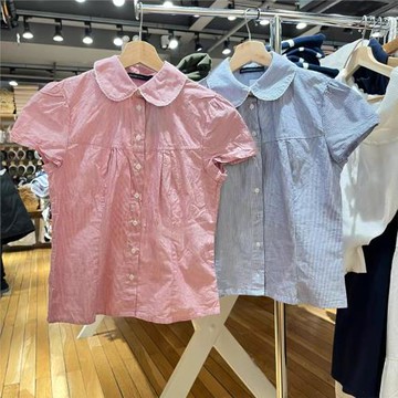 2025年春季新款bm藍色條紋娃娃領短袖襯衫女夏季小個子上衣襯衣
