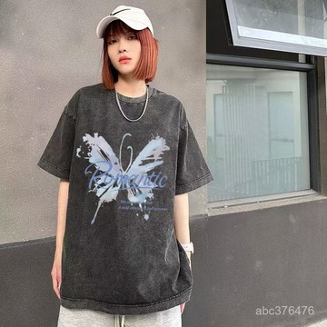 蝴蝶系列 印花 水洗黑 短袖T恤女 復古 夏季 新款 寬鬆 潮流 百搭 棉質上衣
