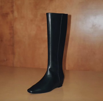 暗夜 極簡內增高方頭長筒靴 手工製