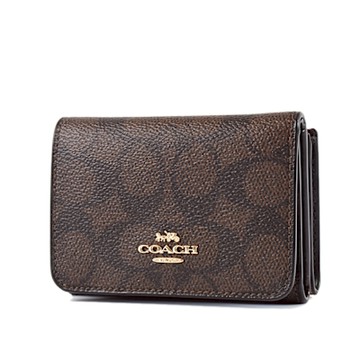 COACH 緹花LOGO防刮可拆式三折短夾/零錢包-咖啡色