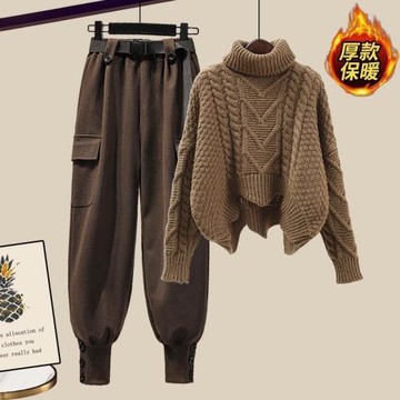潮牌大碼套裝女2025年秋冬季顯瘦高齡針織衫毛衣休閑工裝褲兩件套