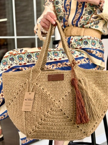 Granny Five Tote Jute Edt, 鉤針麻繩包，麻繩海灘包