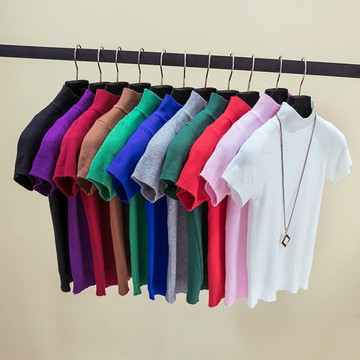 半高領短袖T恤針織衫套頭小純色上衣打底女短款百搭夏裝新款韓版