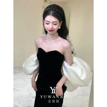 黑色晚禮服2025新款輕奢小眾高端一字肩氣質宴會主持禮服裙女魚尾