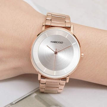 MARIGOLD思念的輪迴簡約炫光暗紋金屬鍊帶手錶【WMD04988】-白面玫金帶