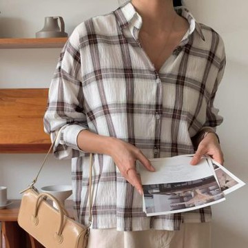 正韓女上衣 格紋長袖襯衫OPG1003-創翊韓都