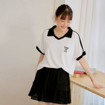 OB嚴選-美式撞色翻領POLO領刺繡短袖上衣《AB20391-》