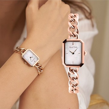 Relax Time 女神系長方形手鍊女錶 手錶-玫瑰金×白/22mm RT-109-2-03