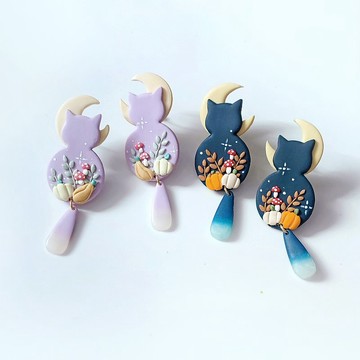 bi kitty//小貓咪月亮菇菇魔法夜手工軟陶大耳環