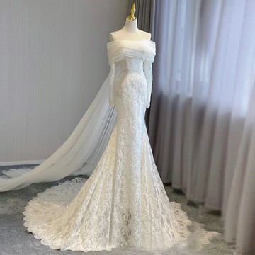【高品質 禮服 定製】💎 魚尾蕾絲輕婚紗新娘高級感簡約一字肩結婚迎賓出門紗法式超僊禮服