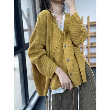 莫里秋季原創時尚文藝復古開衫寬松休閑氣質百搭純色V領針織外套