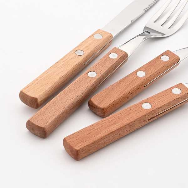 木製ハンドル付きナイフとフォーク ステンレス鋼304 24個 食器 家庭用食器