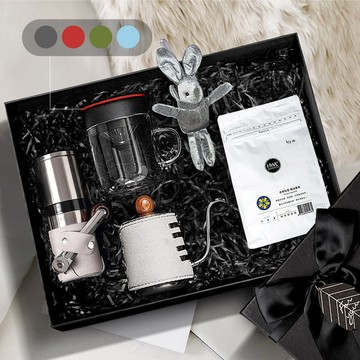 PO:Selected｜丹麥POx黑沃耶加雪菲咖啡四件禮盒組(手沖壺-灰/玻璃杯240ml-共4色/咖啡磨2.0)