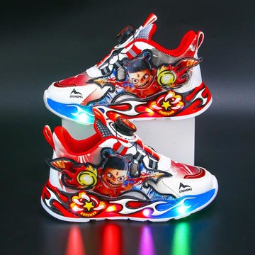 批發帶燈男童鞋2025春秋新款皮面防水哪吒兒童運動鞋旋轉扣跑步鞋