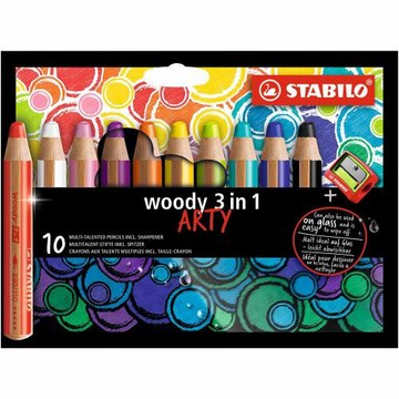 STABILO 德國 思筆樂 woody 3 in 1 ARTY 伍迪樂三合一可水洗水彩粉蠟筆 附削筆器 10支組/盒 ST880/10-1-20