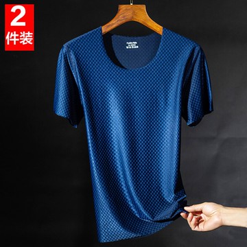 冰絲短袖t恤男士潮流格紋超薄款寬松透氣速干半袖空調衫上衣夏季