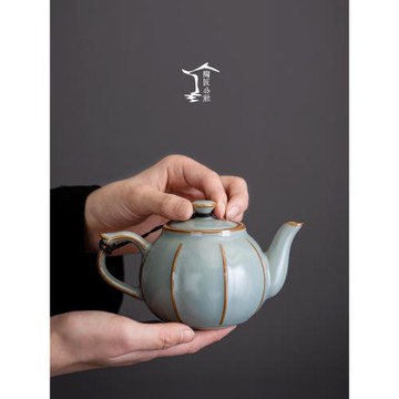 仿宋汝窯瓜棱壺陶瓷茶壺泡茶壺手工開片可養家用功夫茶具泡茶壺