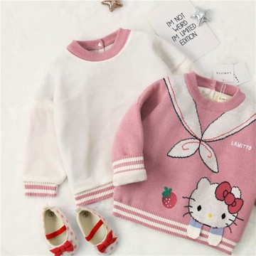 秋冬款兒童裝毛衣粉色海軍風KT貓蝴蝶結小童寶寶加絨保暖針織毛衣