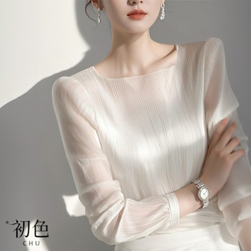 初色 洋氣輕奢肌理感純色方領長袖醋酸緞面襯衫上衣女上衣-乳白色-10631(M-2XL可選)