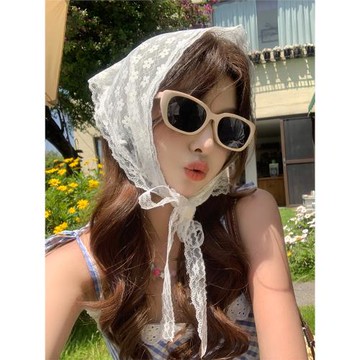 法式飄帶蕾絲三角頭巾女田園風白色屁簾系腰頭飾復古包頭防曬絲巾