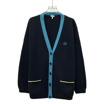 (2XL) loewe質感羊毛logo刺繡針織排扣開襟黑色外套